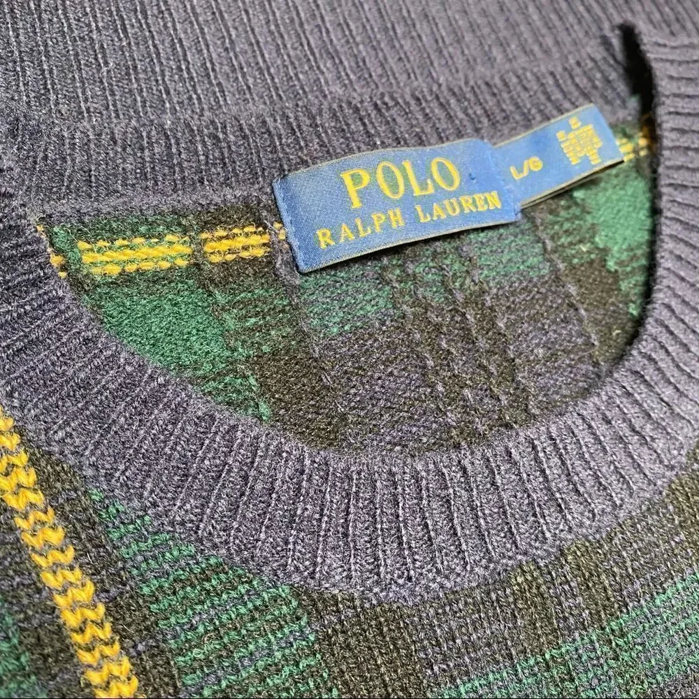 Polo Ralph Lauren ~ Tartan Plaid Merino Wool & Suede Crewneck Sweater